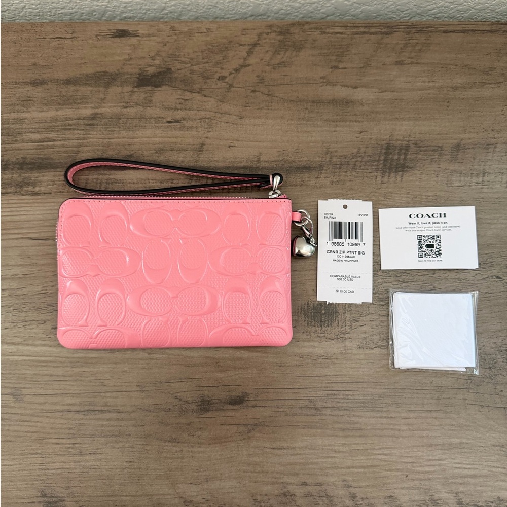 Coach Pink Corner Zip Wristlet In Signature Leather With Heart Charm - Picture 5 of 7